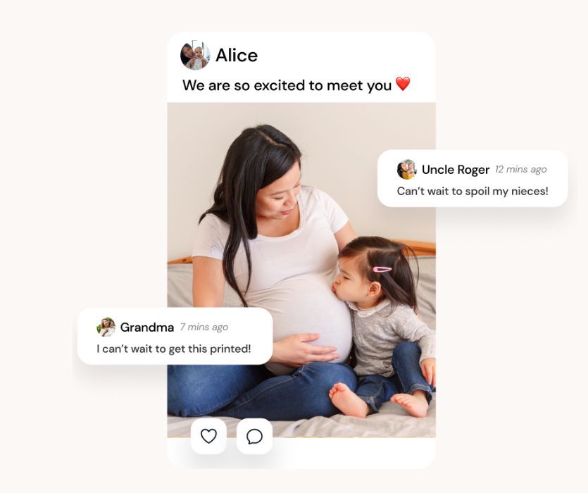 A daughter kisses her pregnant mother's belly, displayed in a social media interface with comments from family members.