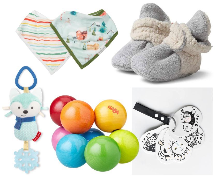 Baby stocking stuffer ideas including patterned bibs, fleece booties, a plush toy, colorful wooden balls, and flashcards.